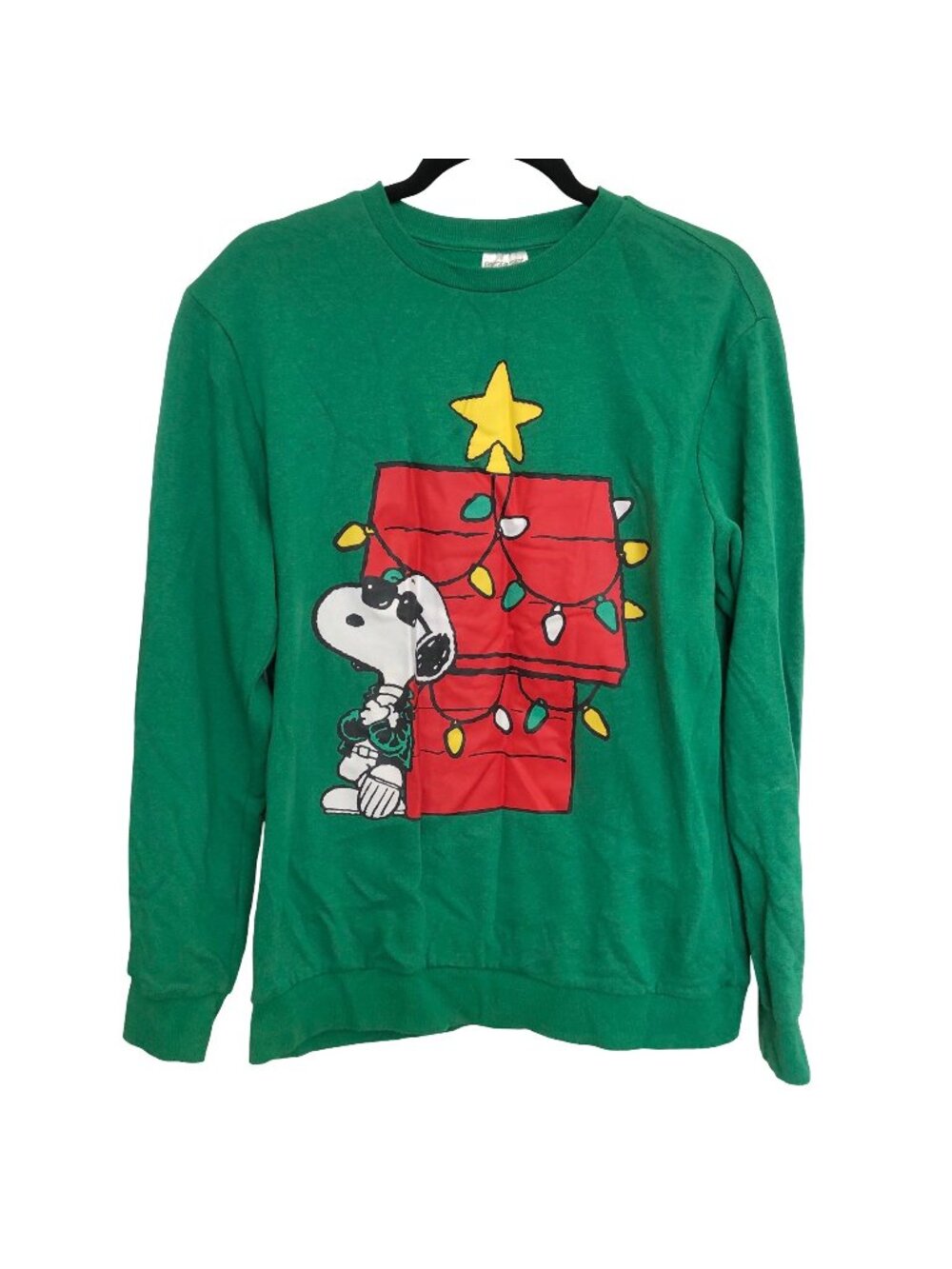 Peanuts Green Snoopy Christmas Lights Graphic Sweater M